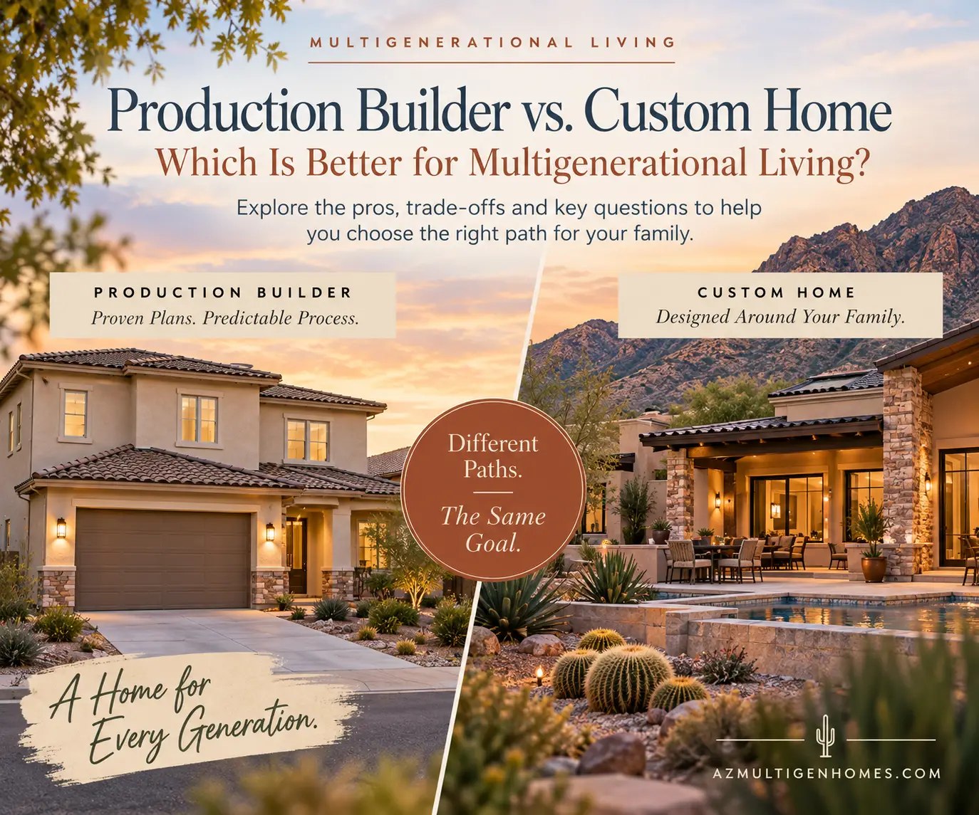 Production builder and custom Arizona homes at sunset illustrating housing options for multigenerational living.